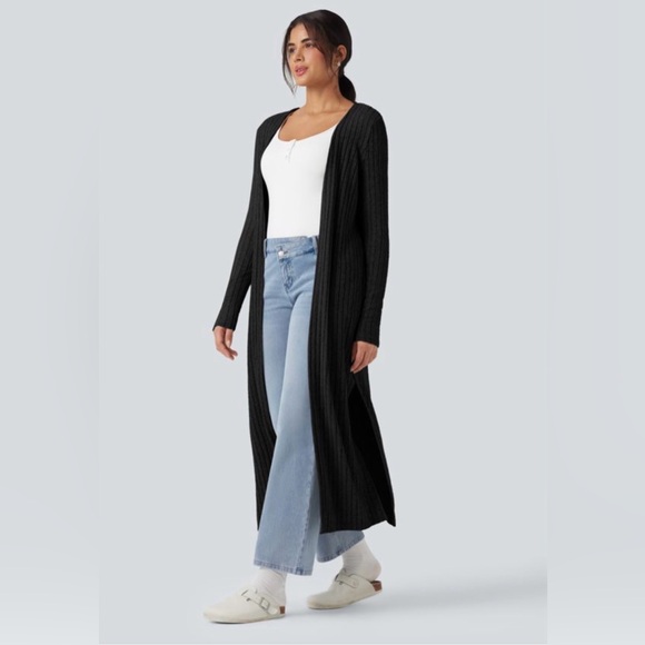 Theory Sweaters - Theory Women’s Black Long Cardigan in Ribbed Merino Wool Size M